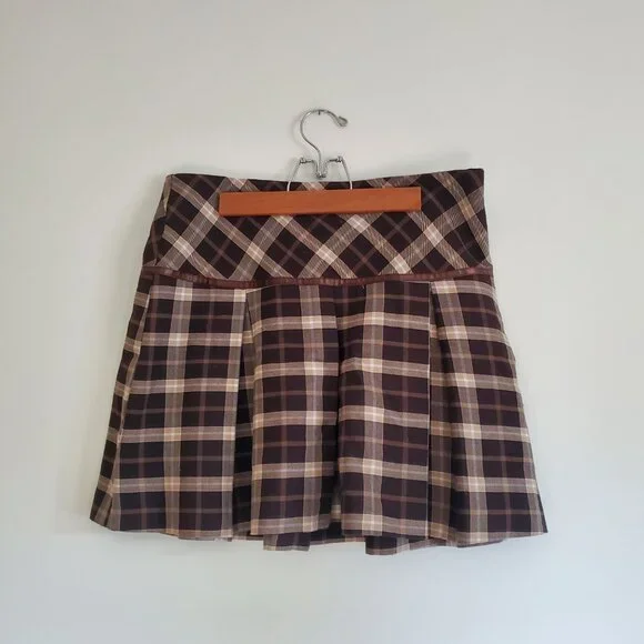 VINTAGE | Y2K 2000s Brown Cream Plaid Pleated Skirt (Size 8) - Picture 6 of 6